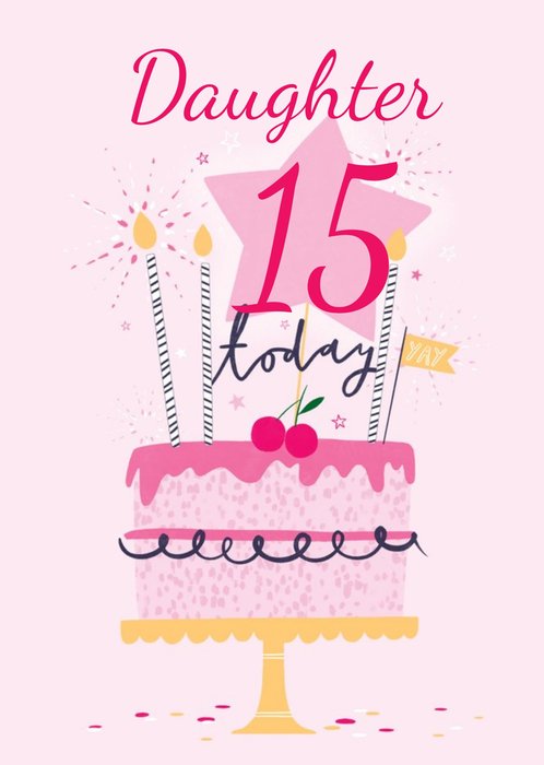 Cute Pink Illustrated Cake Daughter Birthday Card