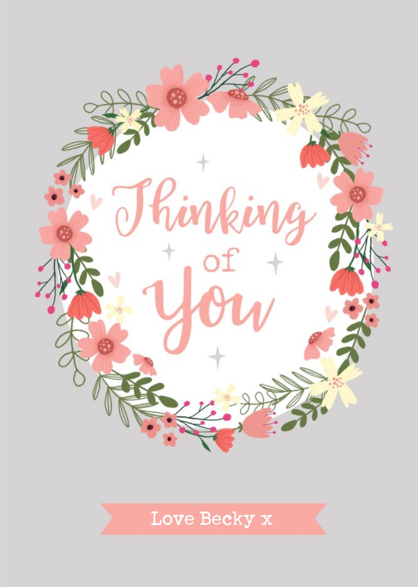 Moonpig Illustration Of A Circular Flower Border With Scriptive Typography Thinking Of You Card, Lar