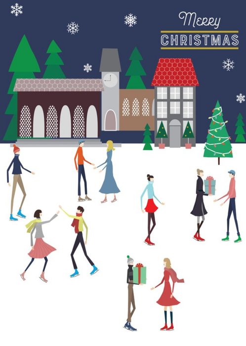 Traditional Illustrated People Ice Skating Christmas Card
