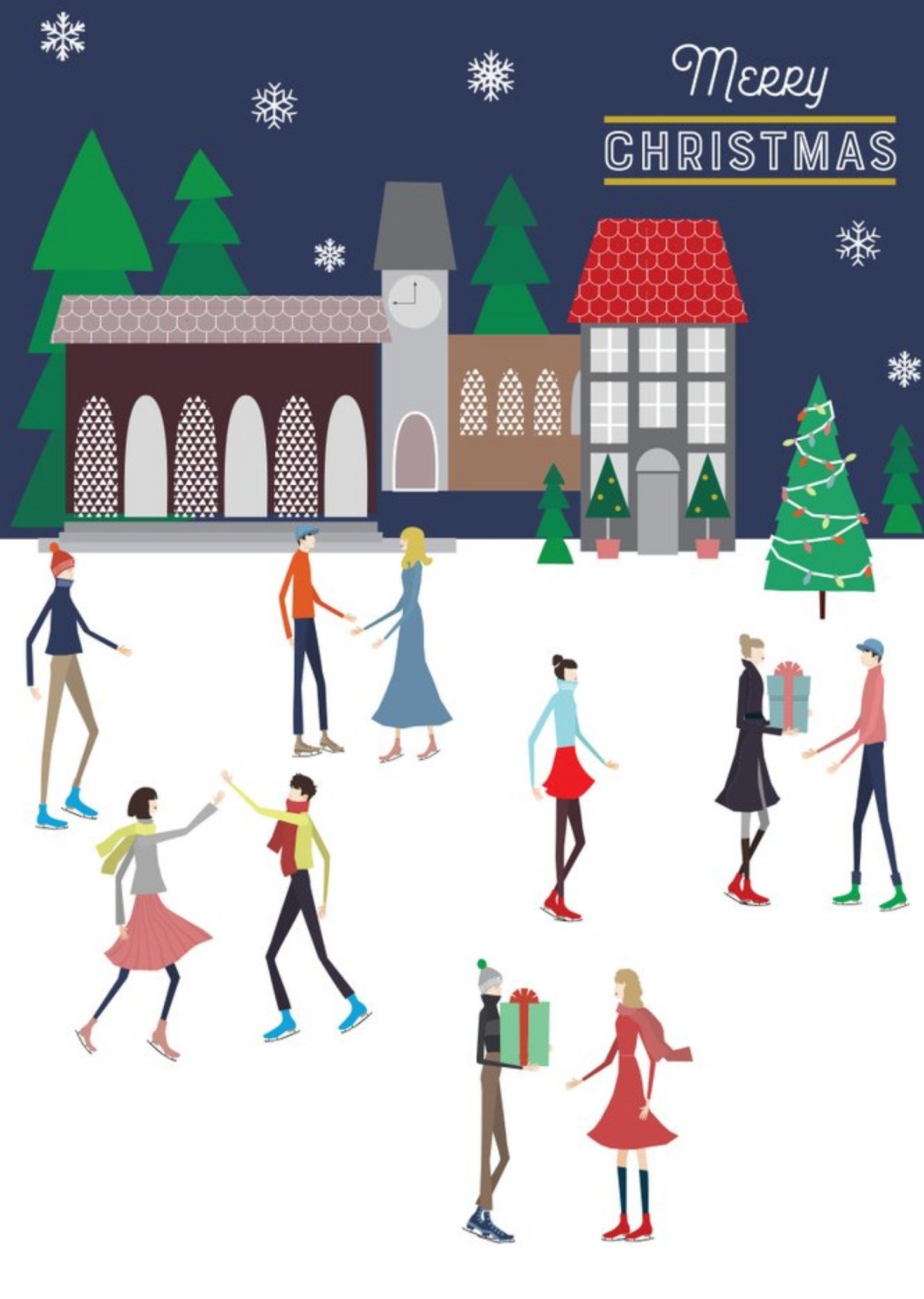 Traditional Illustrated People Ice Skating Christmas Card Ecard