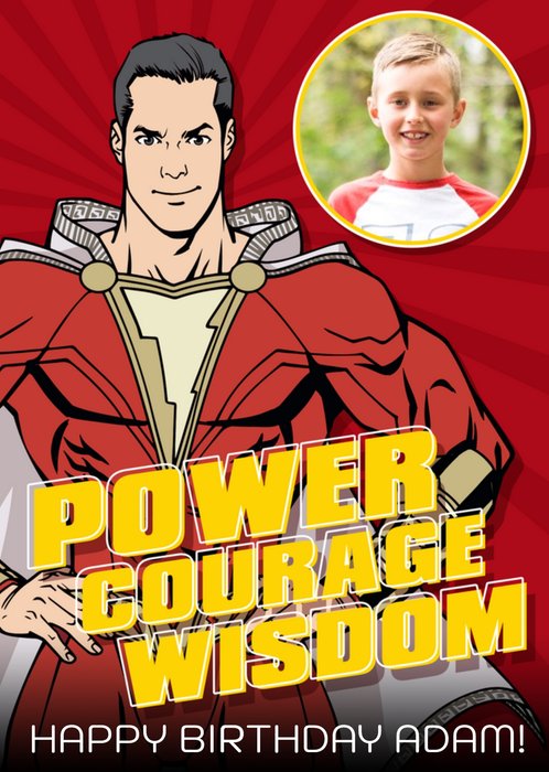 Shazam! Power Courage Wisdom Photo Upload Birthday Card