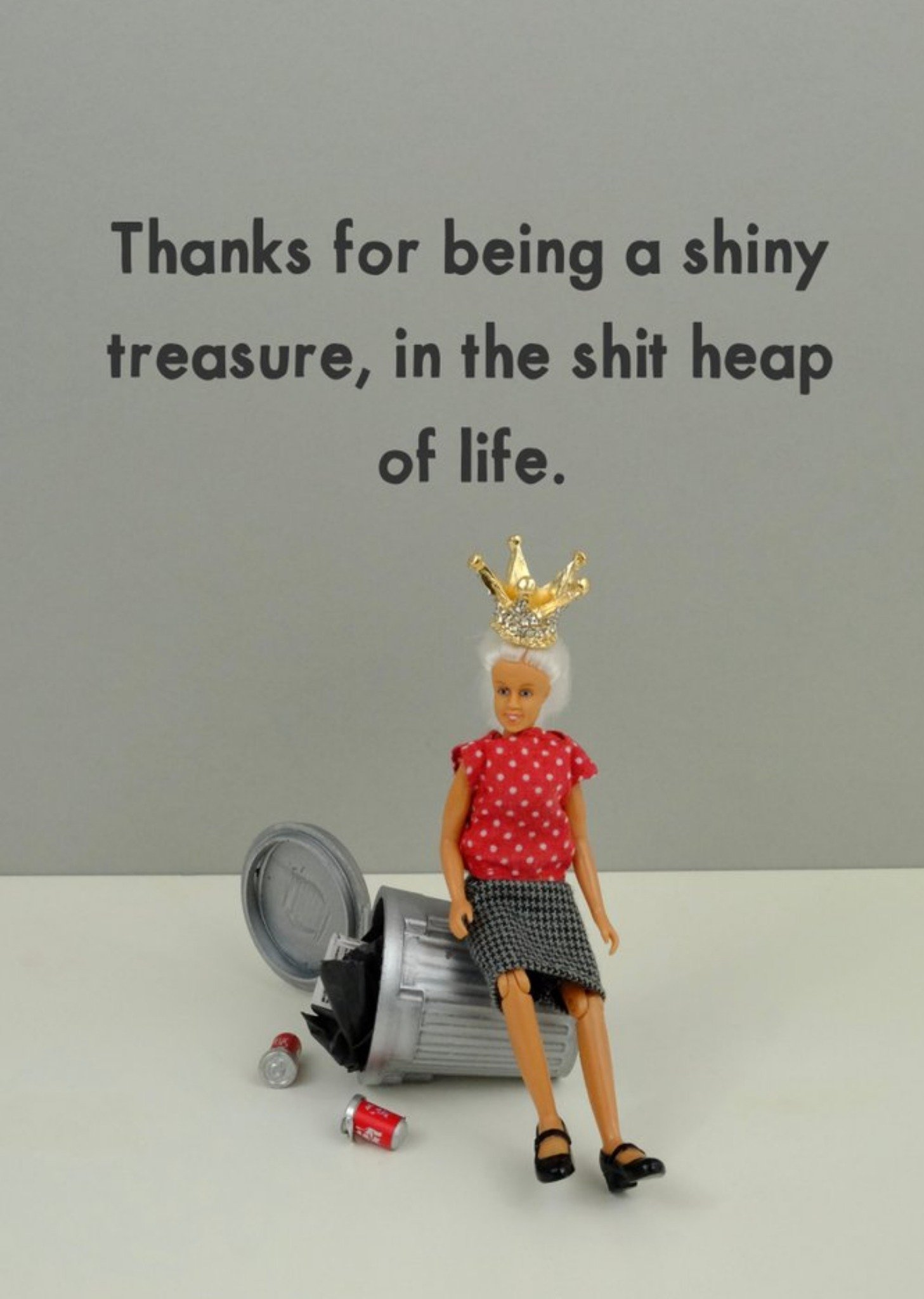 Bold And Bright Funny Photographic Image Of A Doll Wearing A Crown Sitting On A Dustbin Shit Heap Of Life Card