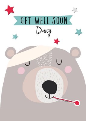 Illustration Of A Bear With A Head Bandage And A Thermometer Get Well Soon Card