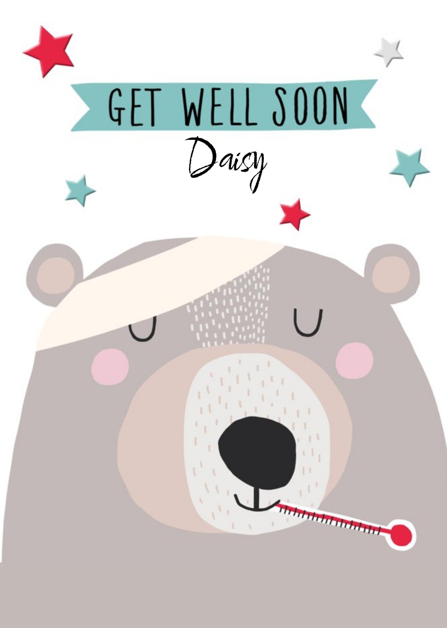 Moonpig Illustration Of A Bear With A Head Bandage And A Thermometer Get Well Soon Card, Large