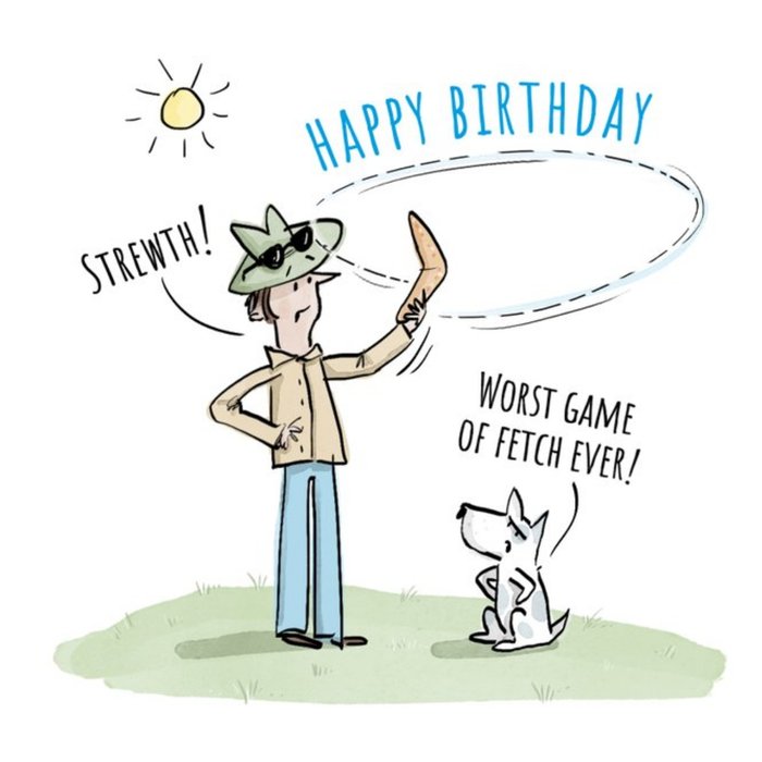 Illustration Of A Man And A Dog Playing Fetch With A Boomerang Humorous Birthday Card