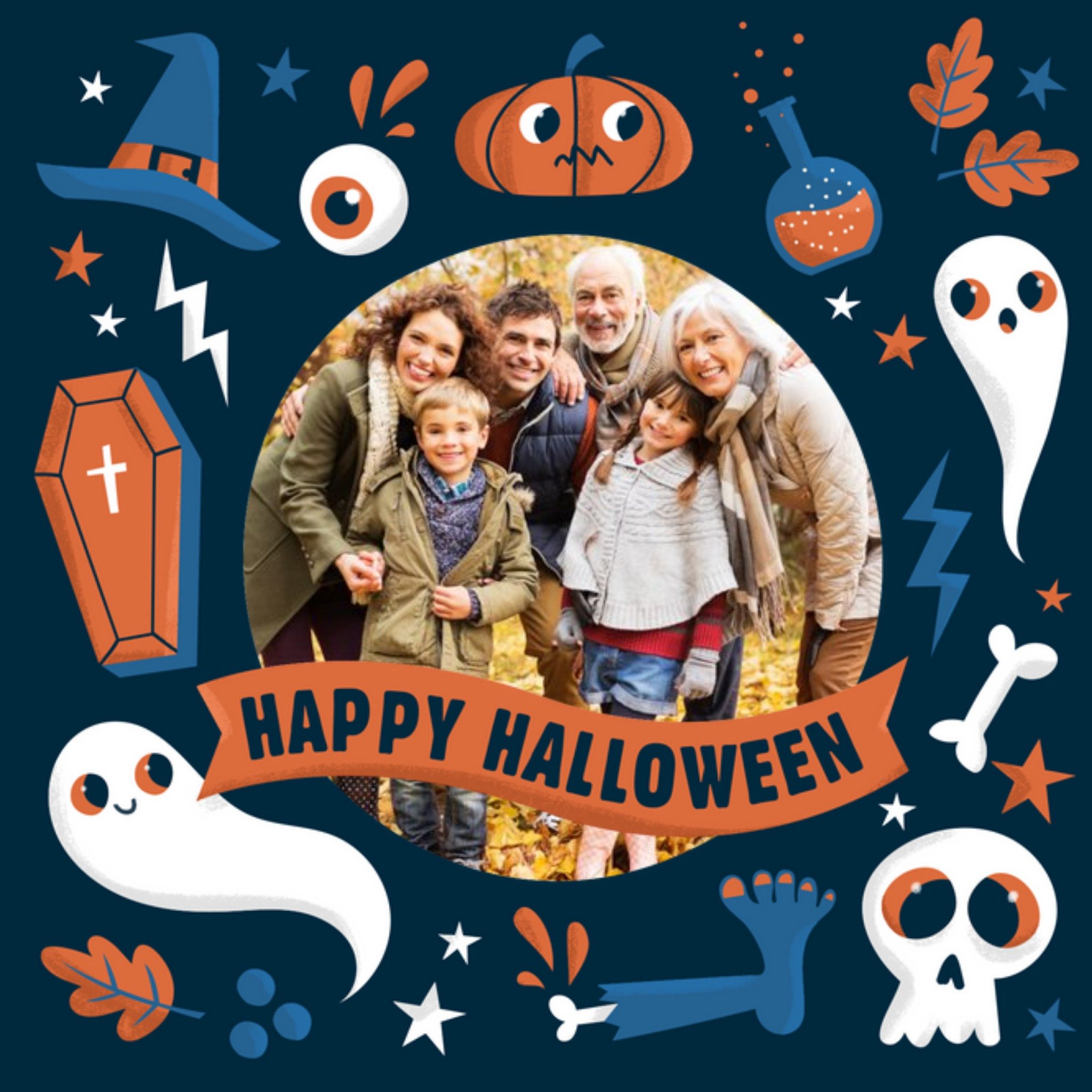 Moonpig Bright Fun Halloween Illustrations Happy Halloween Photo Upload Card, Large