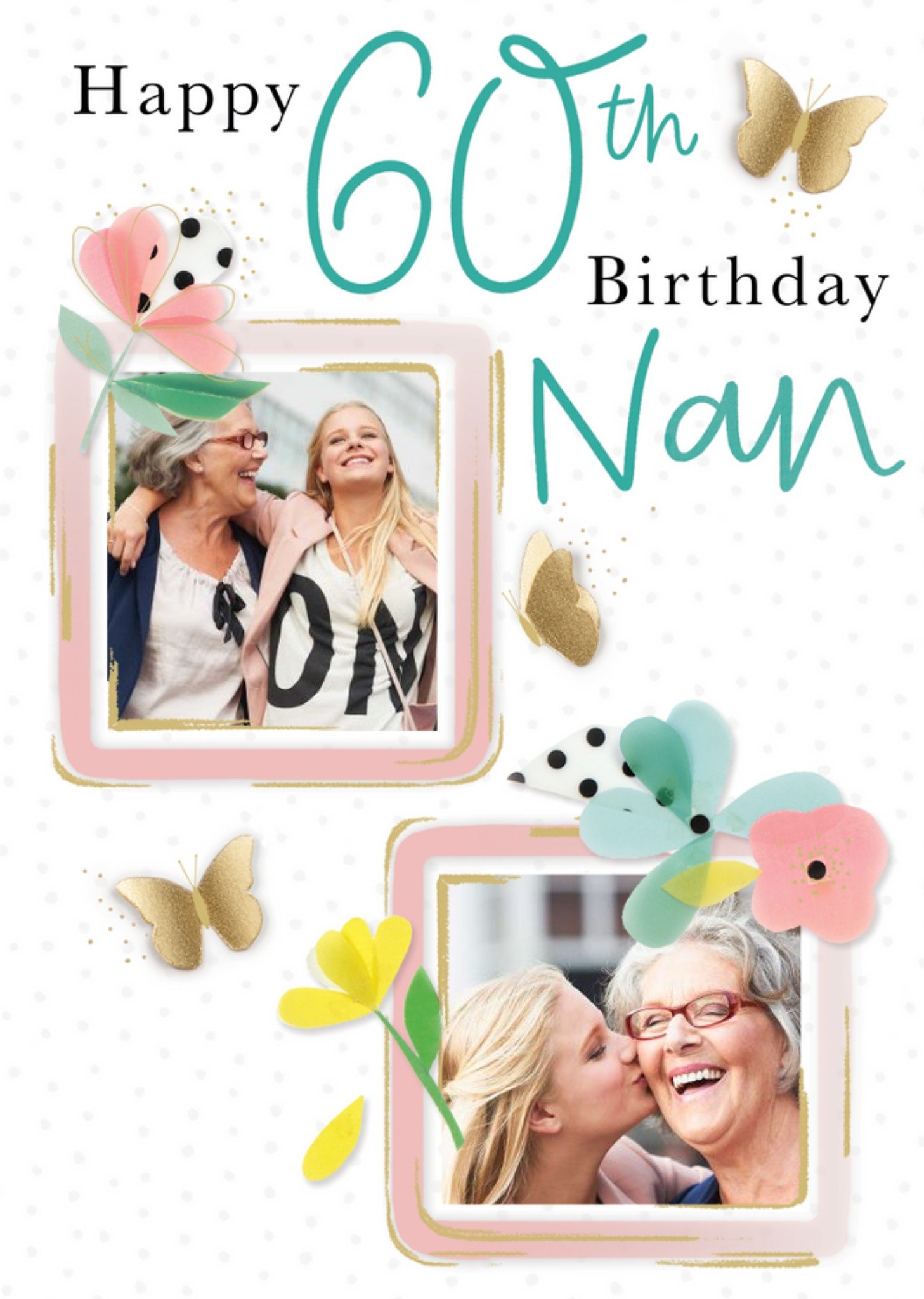 Photo Frames Surrounded By Flowers And Butterflies Nan's Sixtieth Photo Upload Birthday Card Ecard