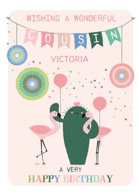 Cute Wonderful Cousin Flamingo cactus cacti Birthday Card