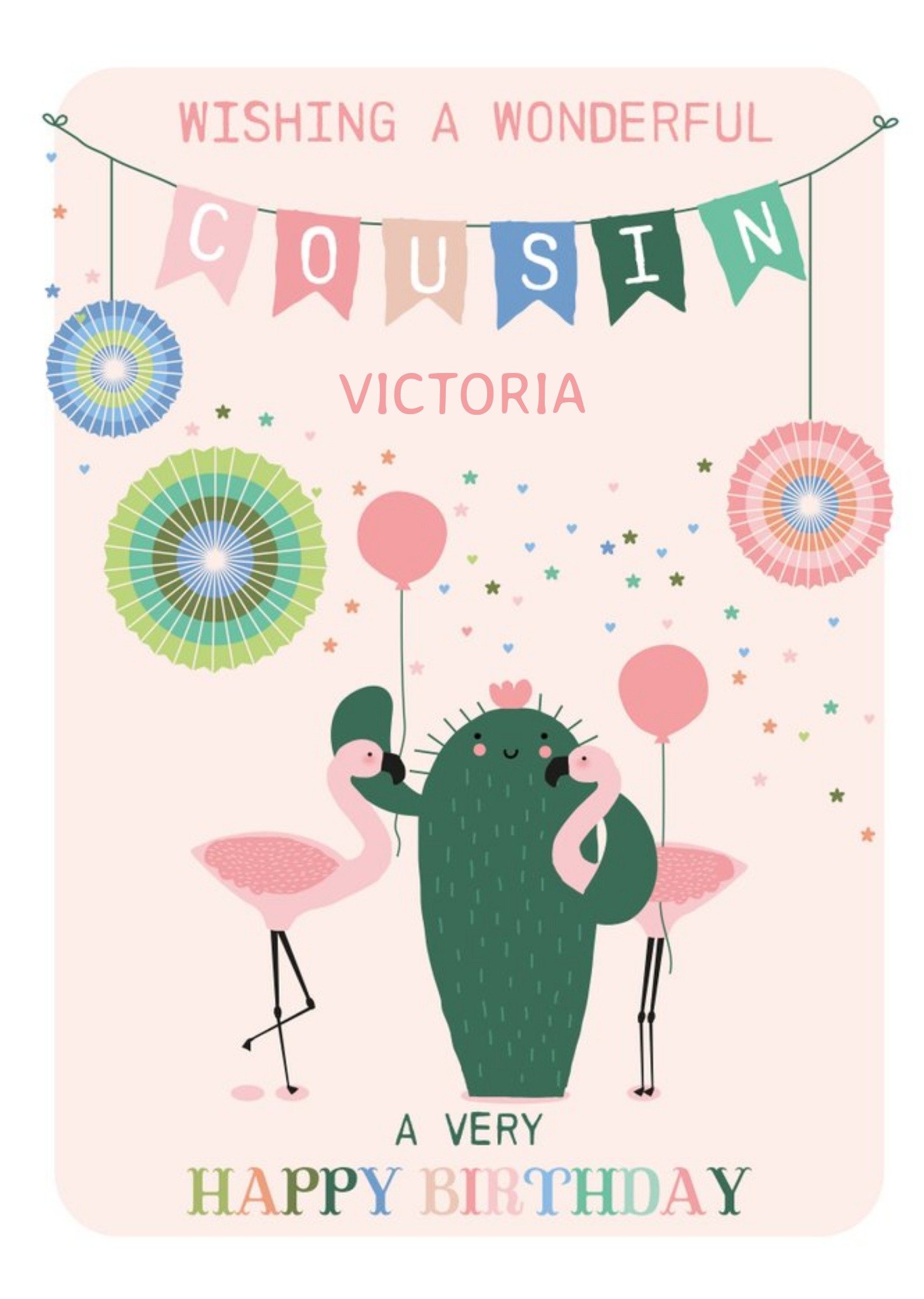 Cute Wonderful Cousin Flamingo Cactus Cacti Birthday Card Ecard