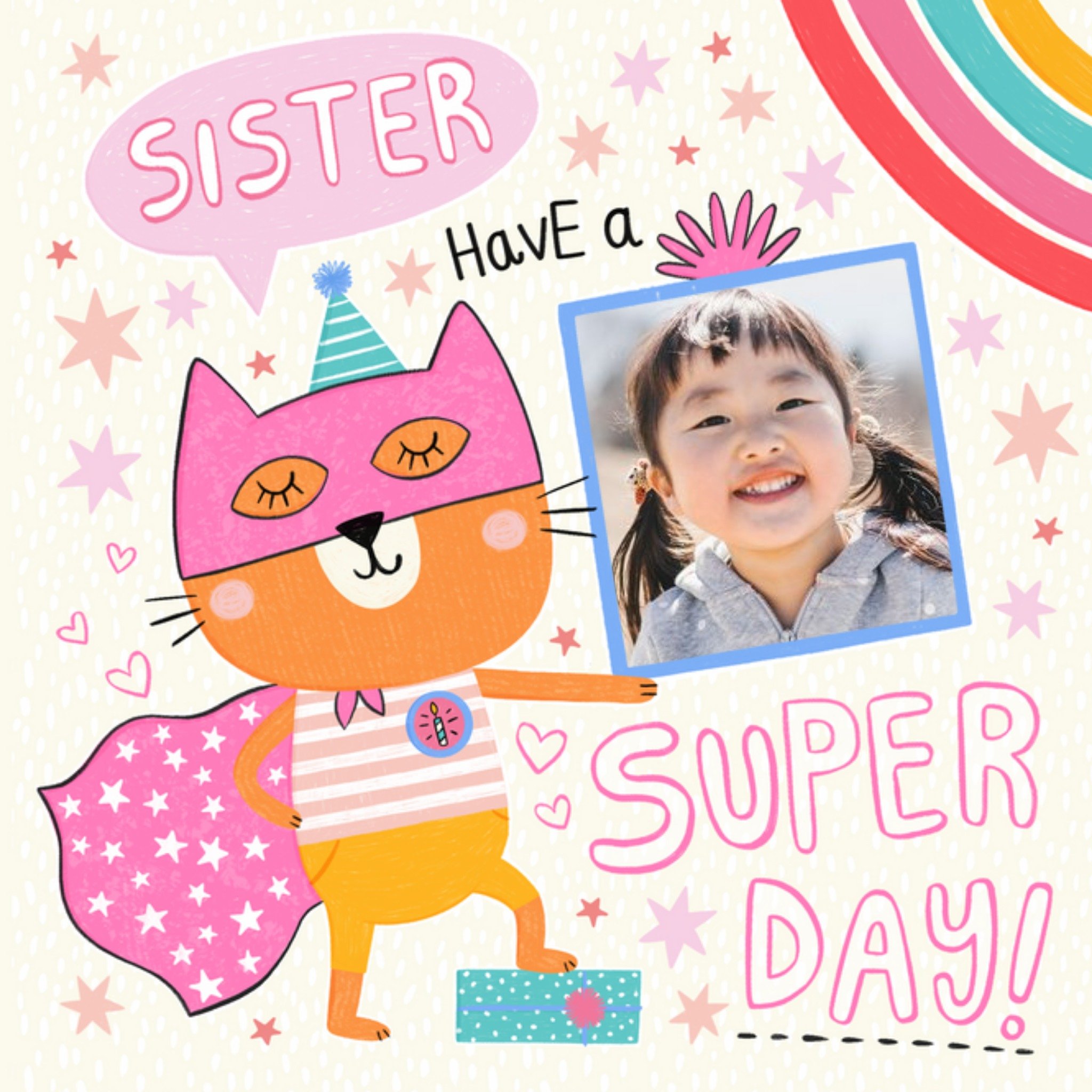 Moonpig Hip Hipp Hooray Sister Have A Super Day Cat Hero Photo Upload Birthday Card, Large