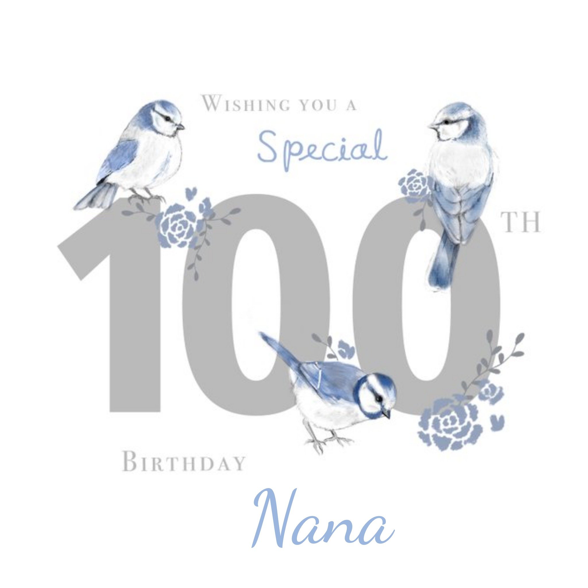 Moonpig Millicent Venton Birthday Age 100 Nana Blue Floral Flower Birds Female Roses, Square Card