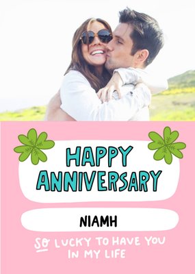 Four Leaf Clover Illustrations On A Pink Background Happy Anniversary Photo Upload Card