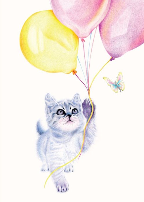 Hand Drawn Kitten and Balloons Card