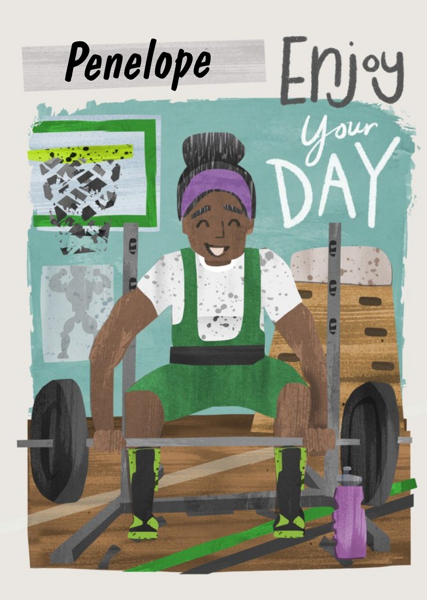 Illustrated Character Female Weightlifter Enjoy Your Day Birthday Card Ecard