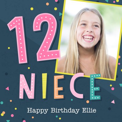 Typographic Bright Niece Photo Upload 12th Birthday Card