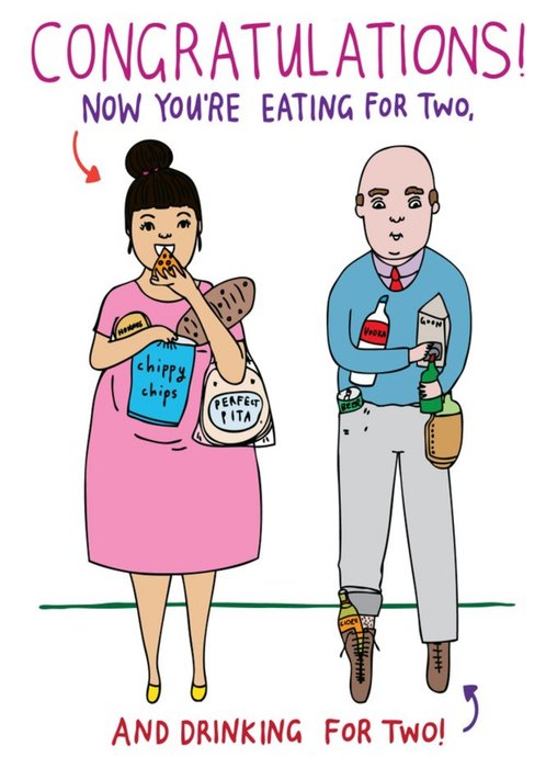 Funny Illustration Of A Woman Eating And A Man With Drink New Baby Congratulations Card