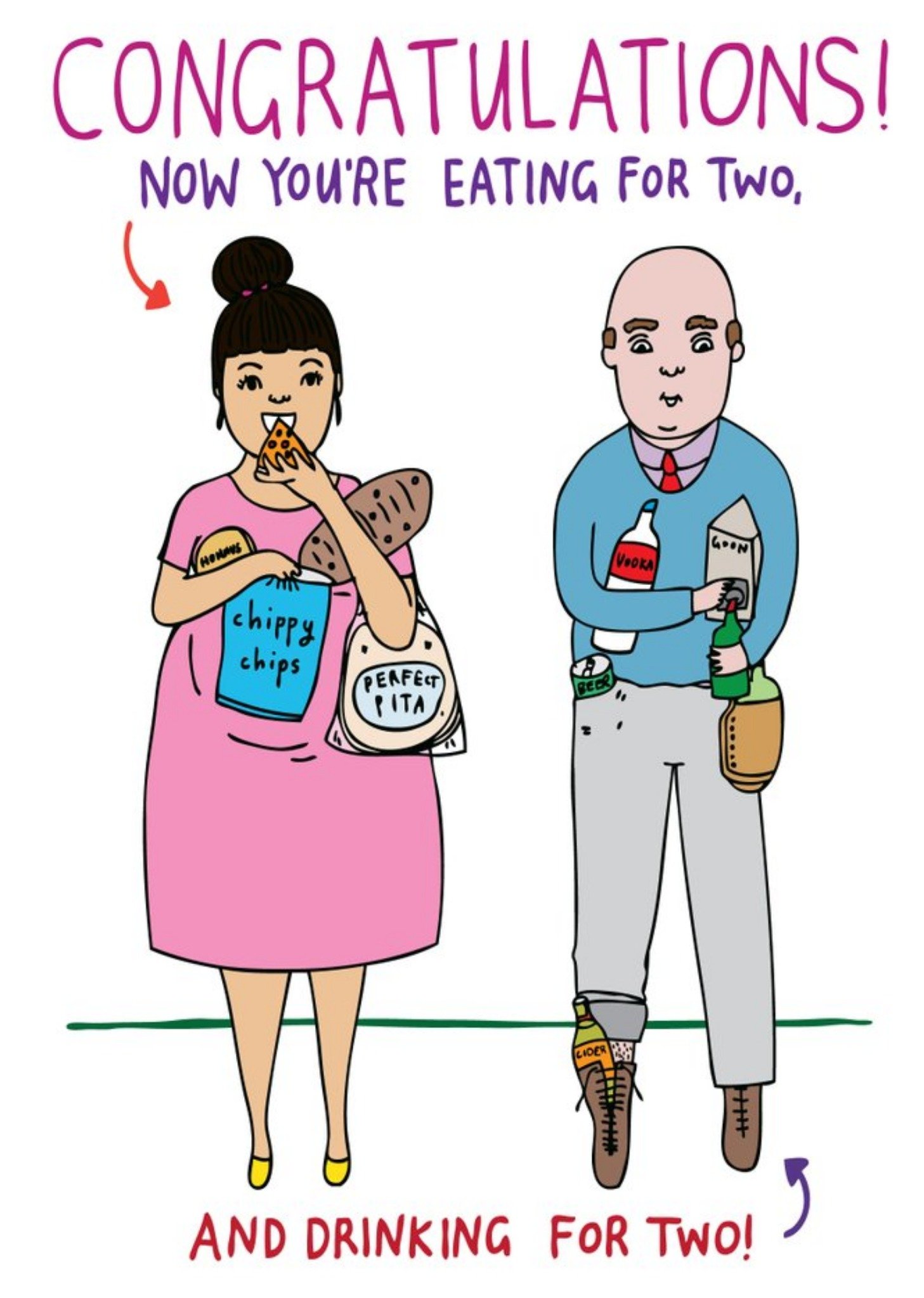 Funny Illustration Of A Woman Eating And A Man With Drink New Baby Congratulations Card Ecard