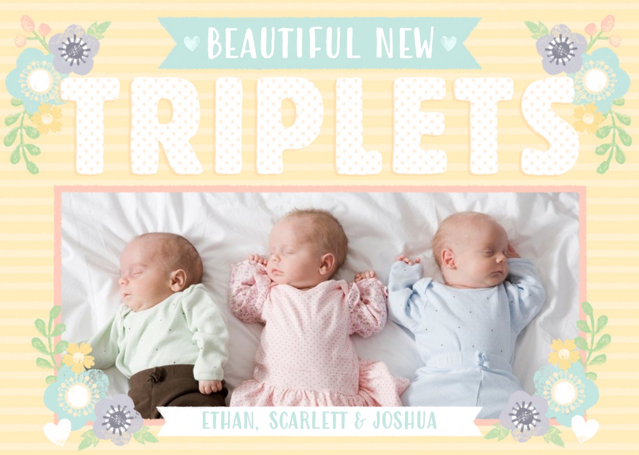 Folk Flowers Triplets Photo Upload New Baby Card Ecard