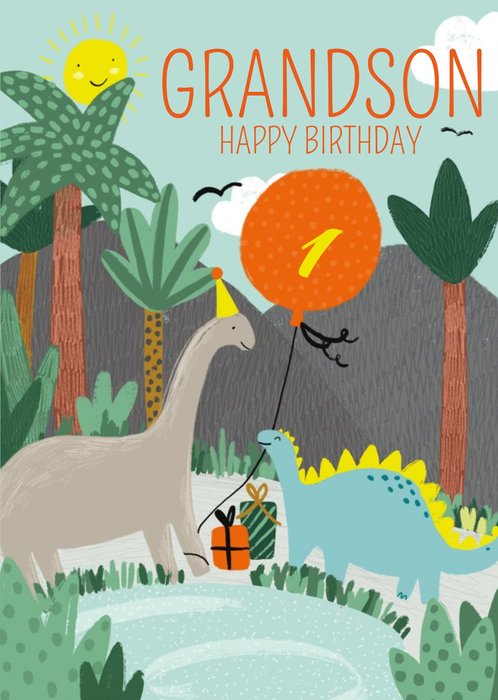 Dinosaur Illustrations Having a Birthday Party Grandson Card