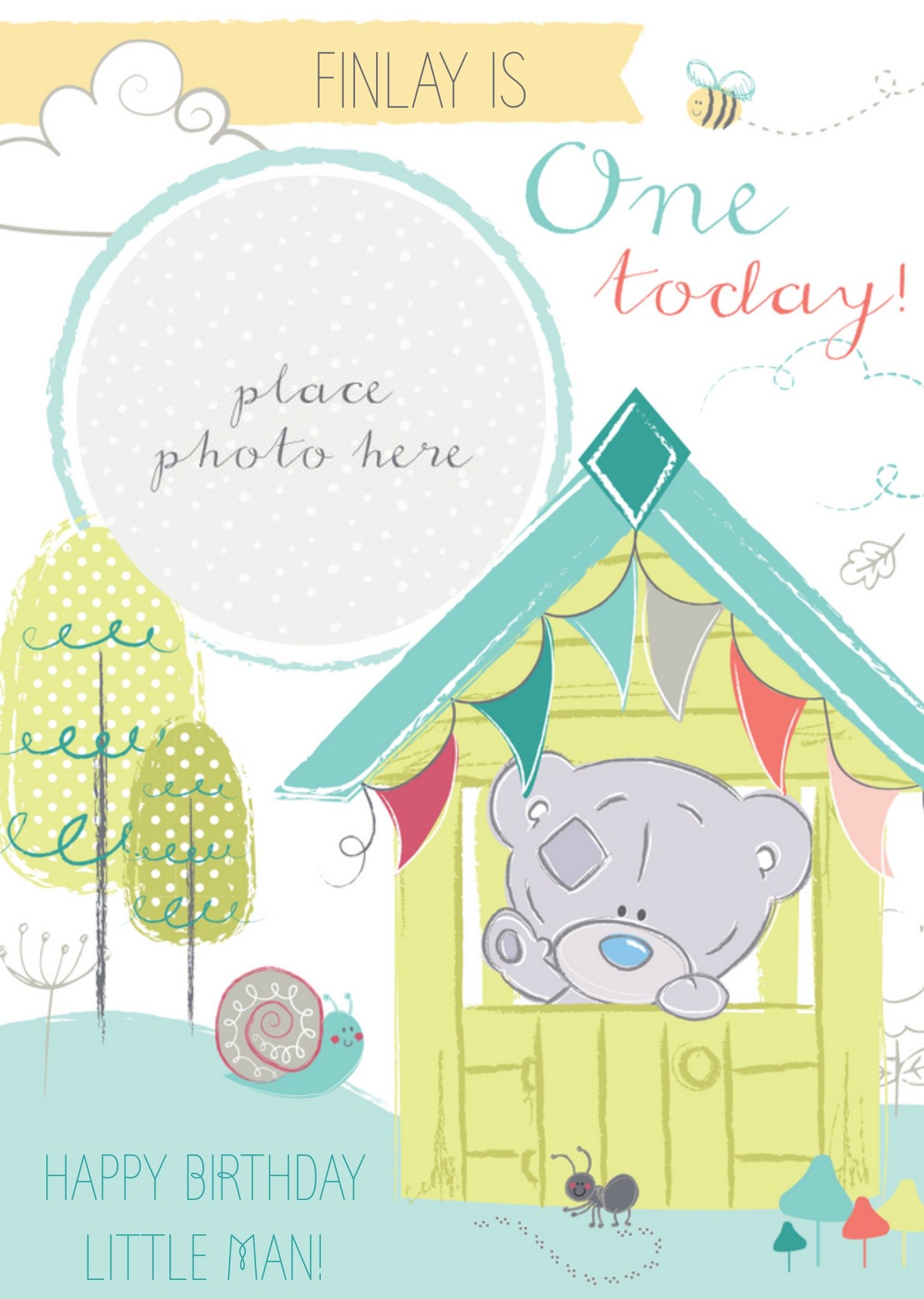 Tiny Tatty Teddy In Hut Personalised Photo Upload Happy 1st Birthday Card Ecard