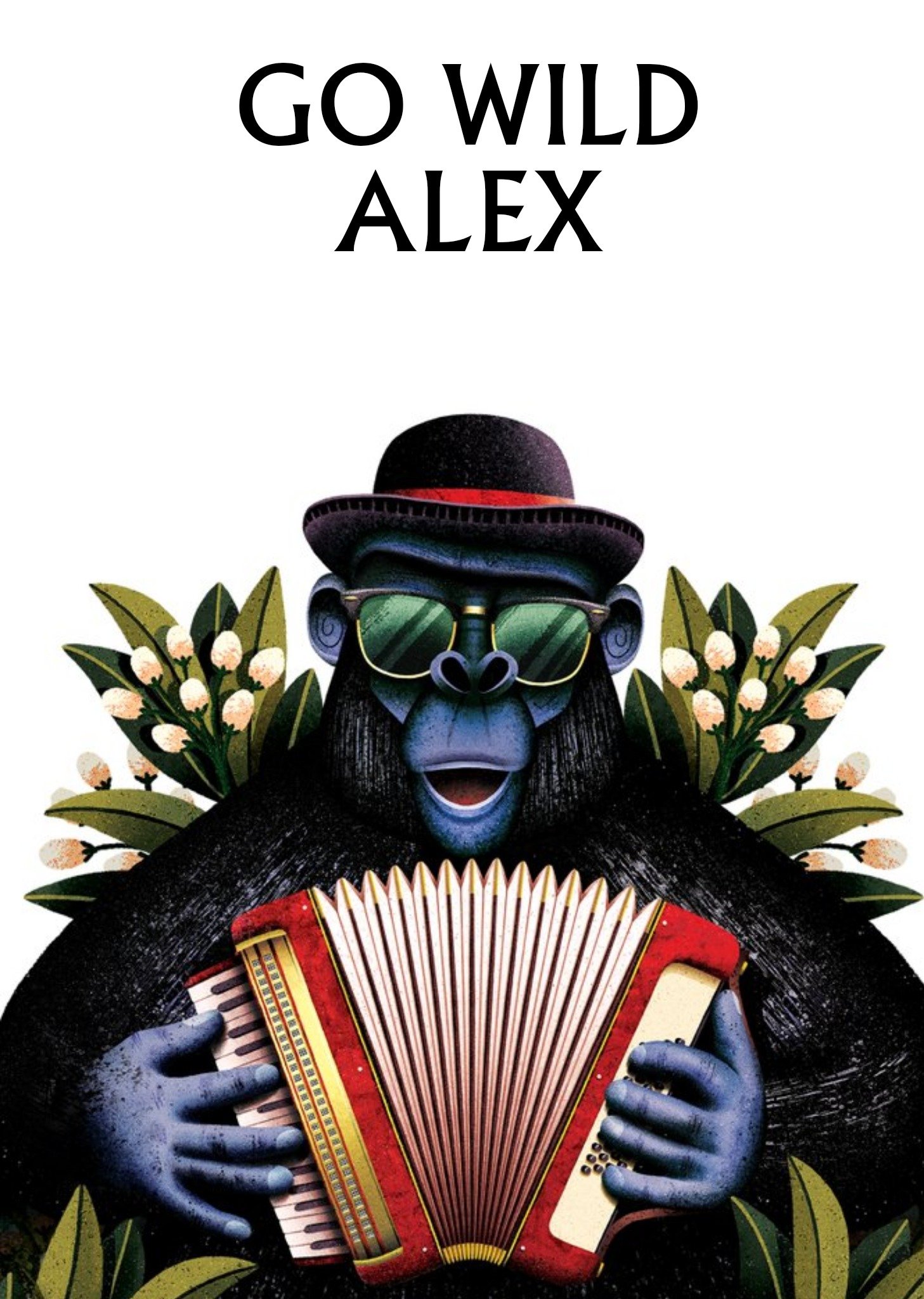 Moonpig Illustration Of A Gorilla In Shades And A Bowler Hat Playing An Accordion Personalised Birth