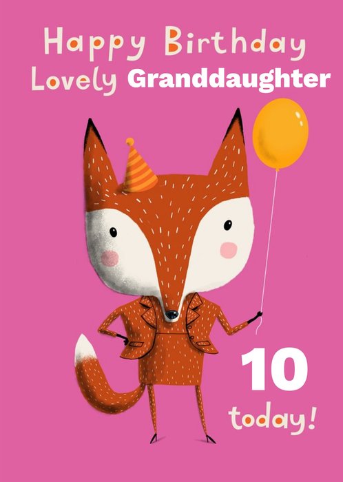 Fox Celebrating With A Party Hat And Balloon Personalise Age Granddaughter Birthday Card