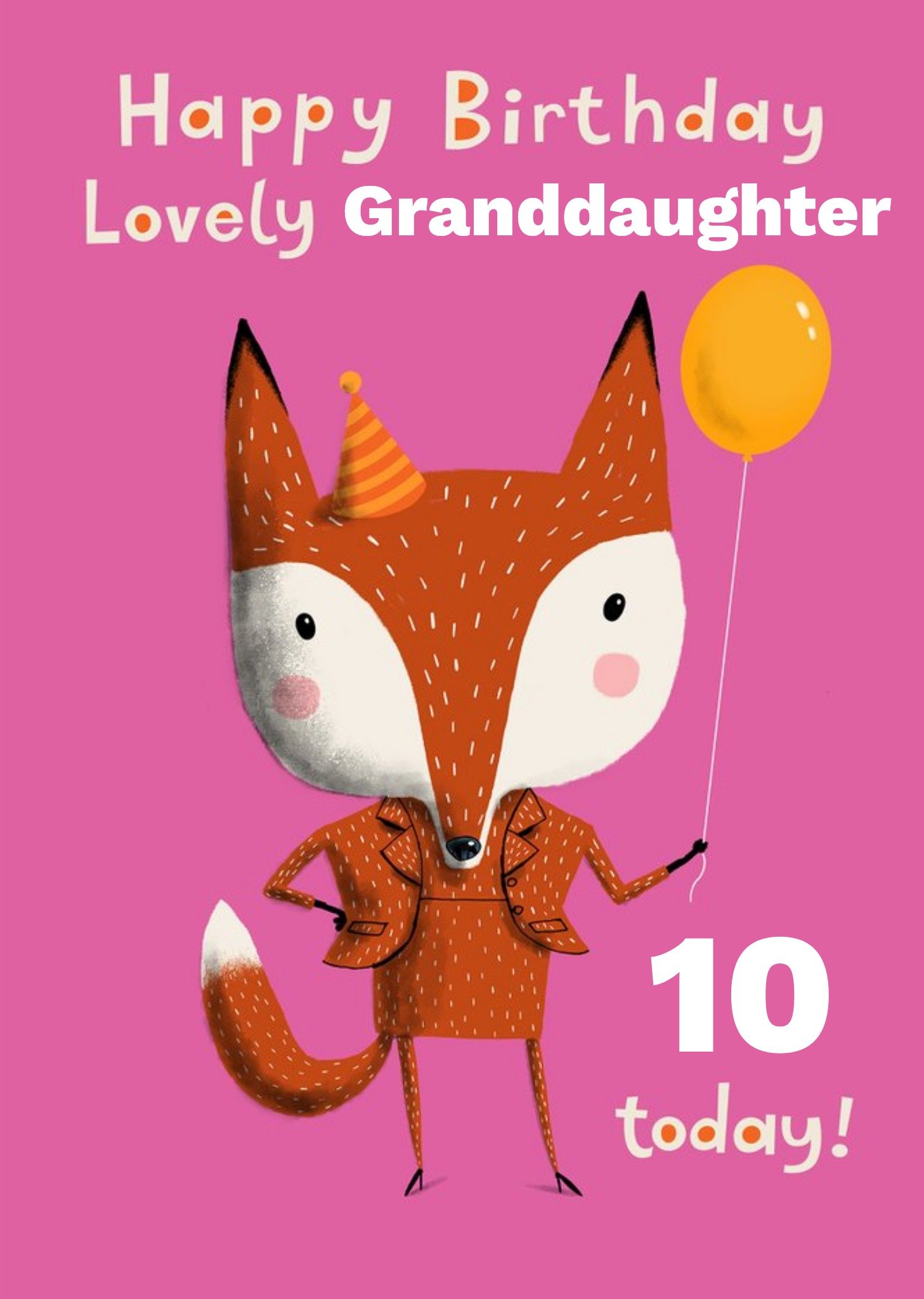 Moonpig Fox Celebrating With A Party Hat And Balloon Personalise Age Granddaughter Birthday Card Eca