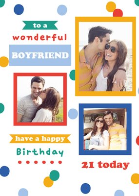 Polka Dot Banners Wonderful Boyfriend 21st Birthday Photo Upload Card