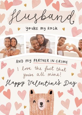 Cute Illustrated Bear Husband You're My Rock Photo Upload Valentine's Day Card