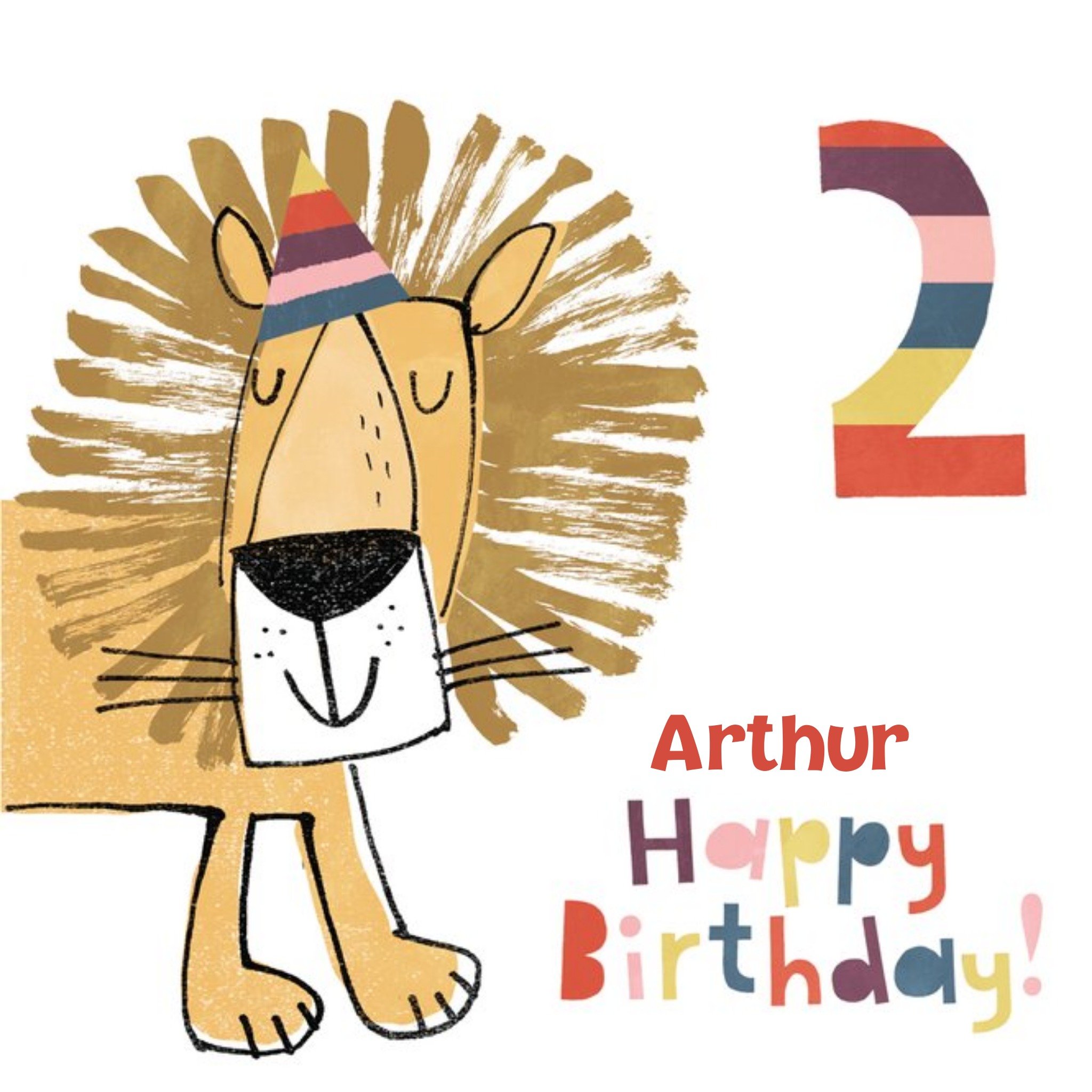 Cartoon Lion Personalised Happy Second Birthday Card, Square