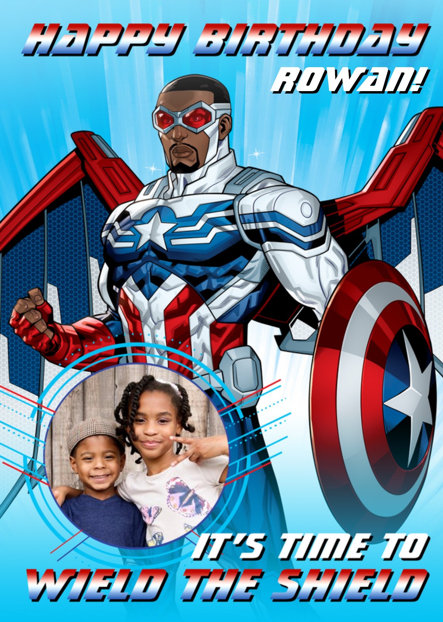 Marvel Avengers Falcon Wield The Shield Photo Upload Birthday Card Ecard