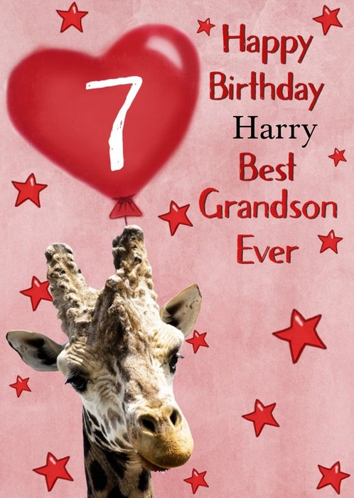 Photo Of Giraffe With Birthday Balloon Grandson 7th Birthday Card