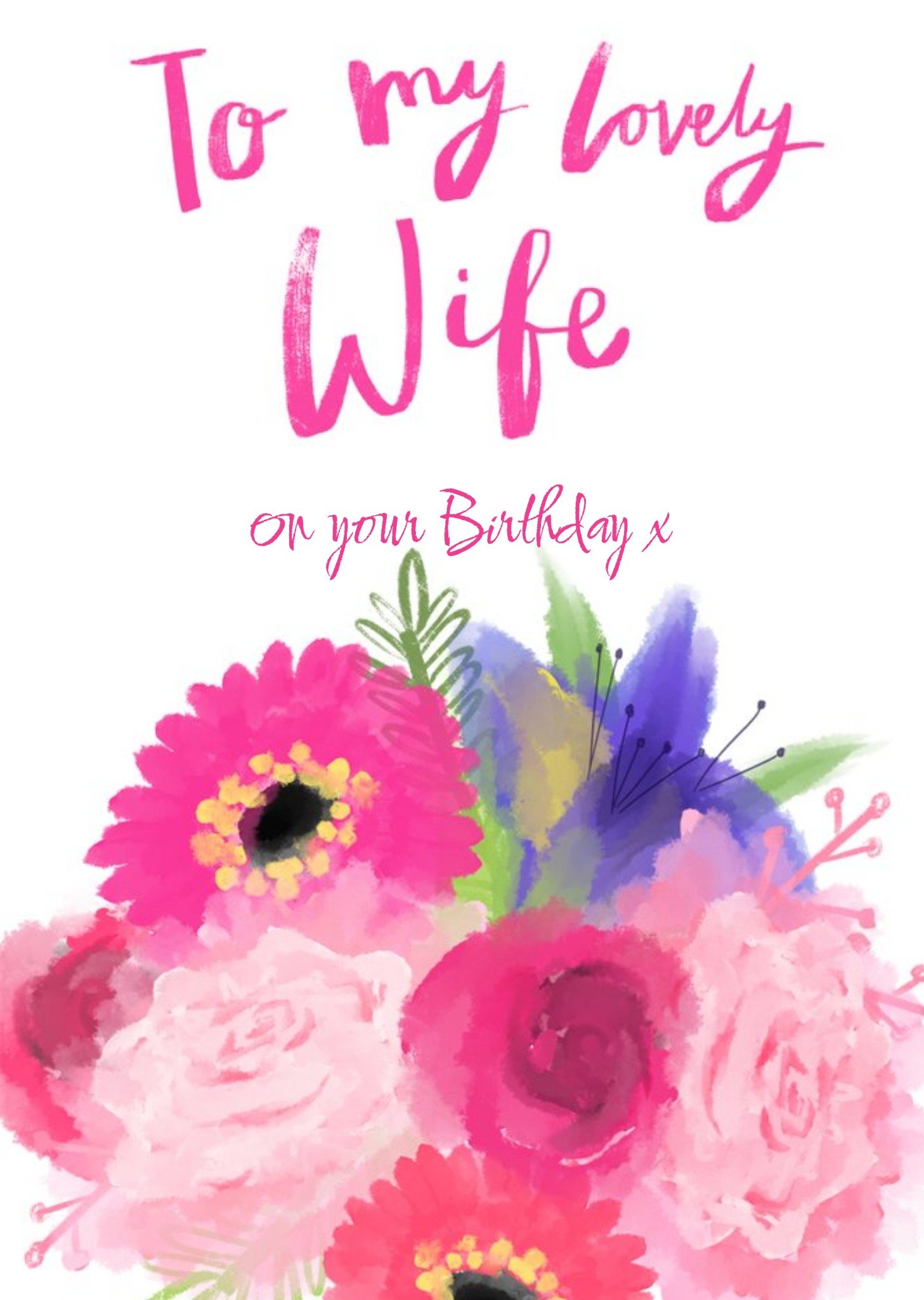Moonpig Bright Pink Watercolour Flowers Lovely Wife On Your Birthday Card, Large