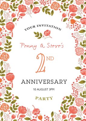 Coral Flowers Personalised 2Nd Anniversary Party Invitation