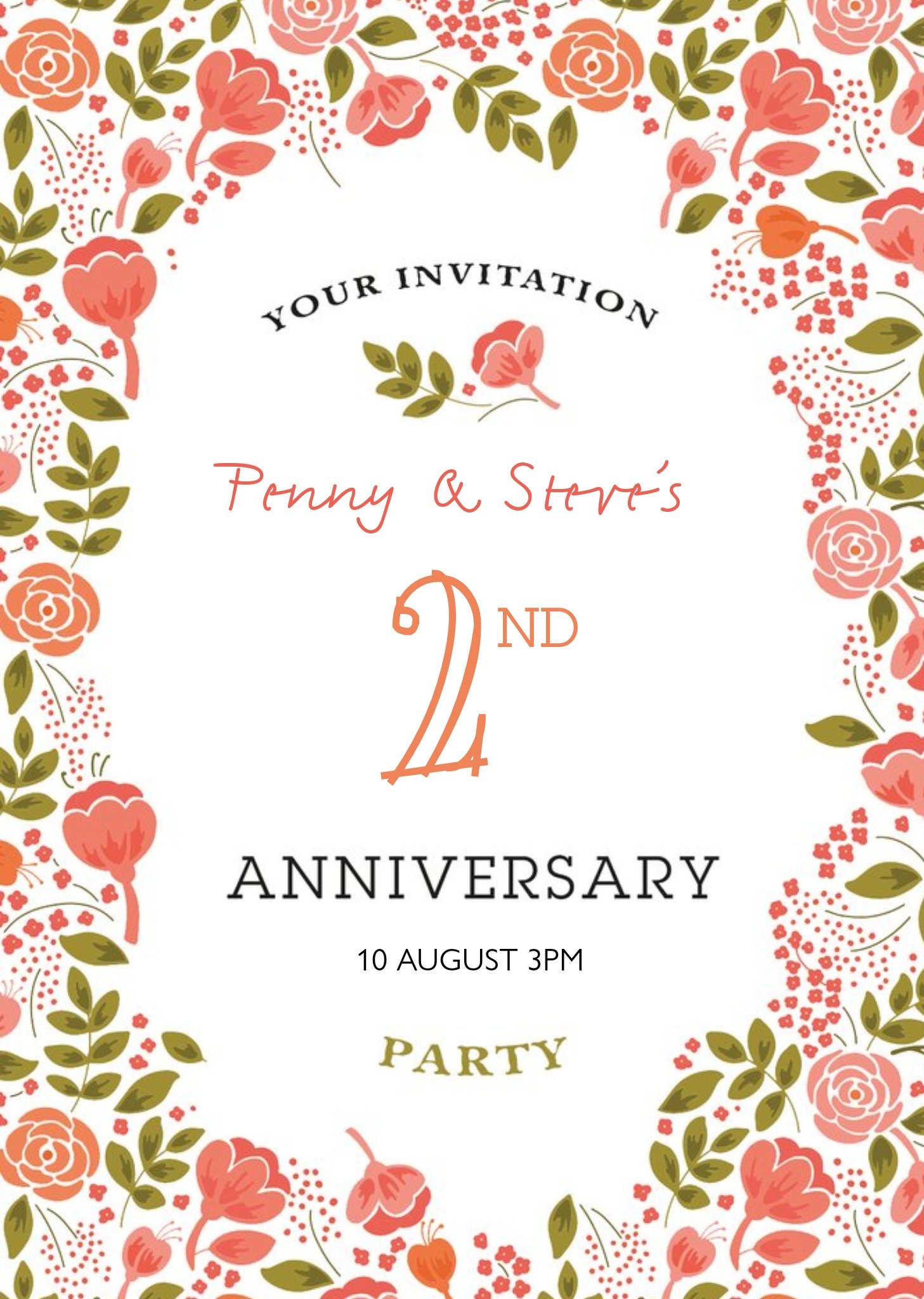 Moonpig Coral Flowers Personalised 2nd Anniversary Party Invitation, Standard Card