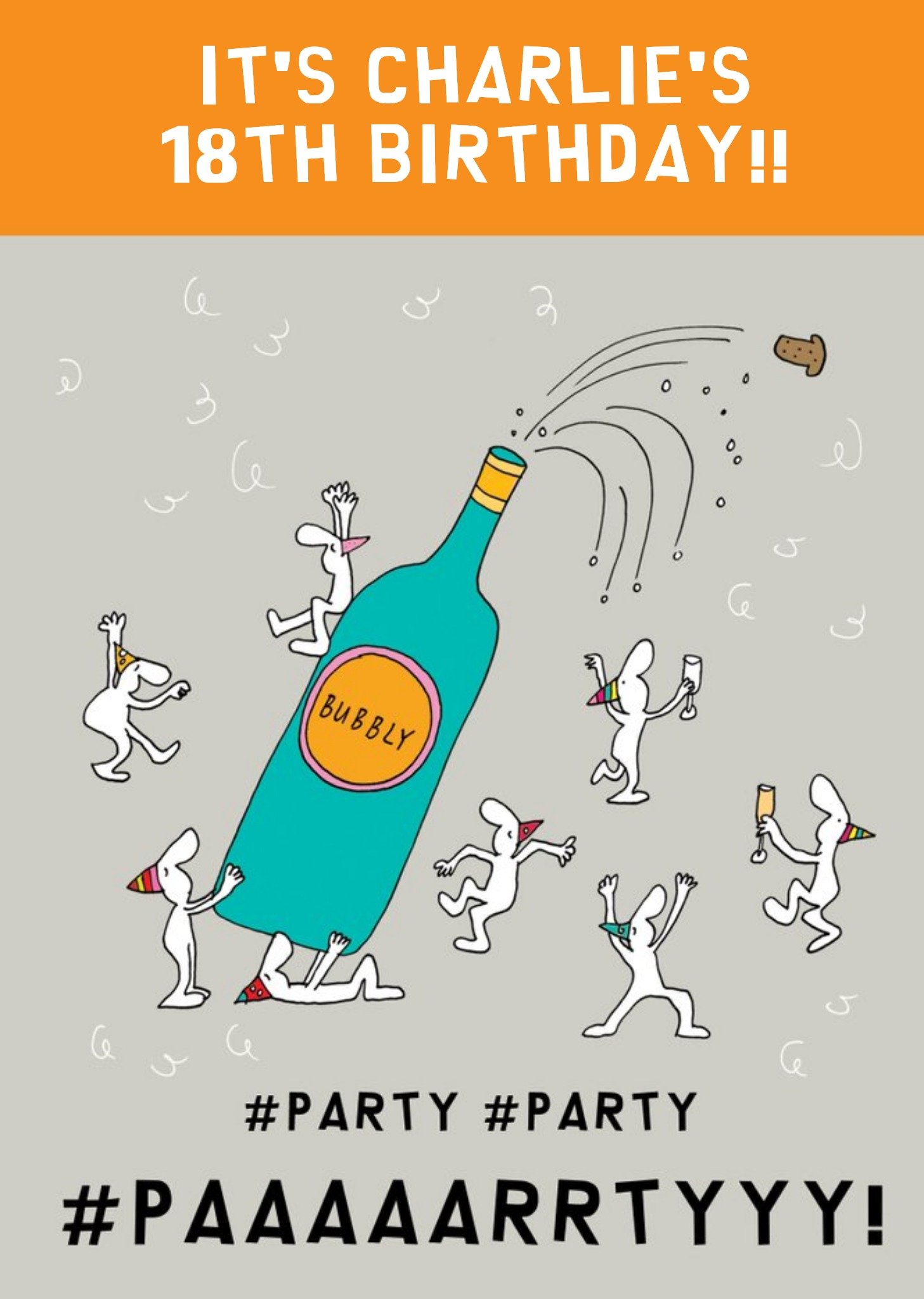 Illustration Of Characters Partying With A Large Bottle Of Bubbly Eighteenth Birthday Card Ecard