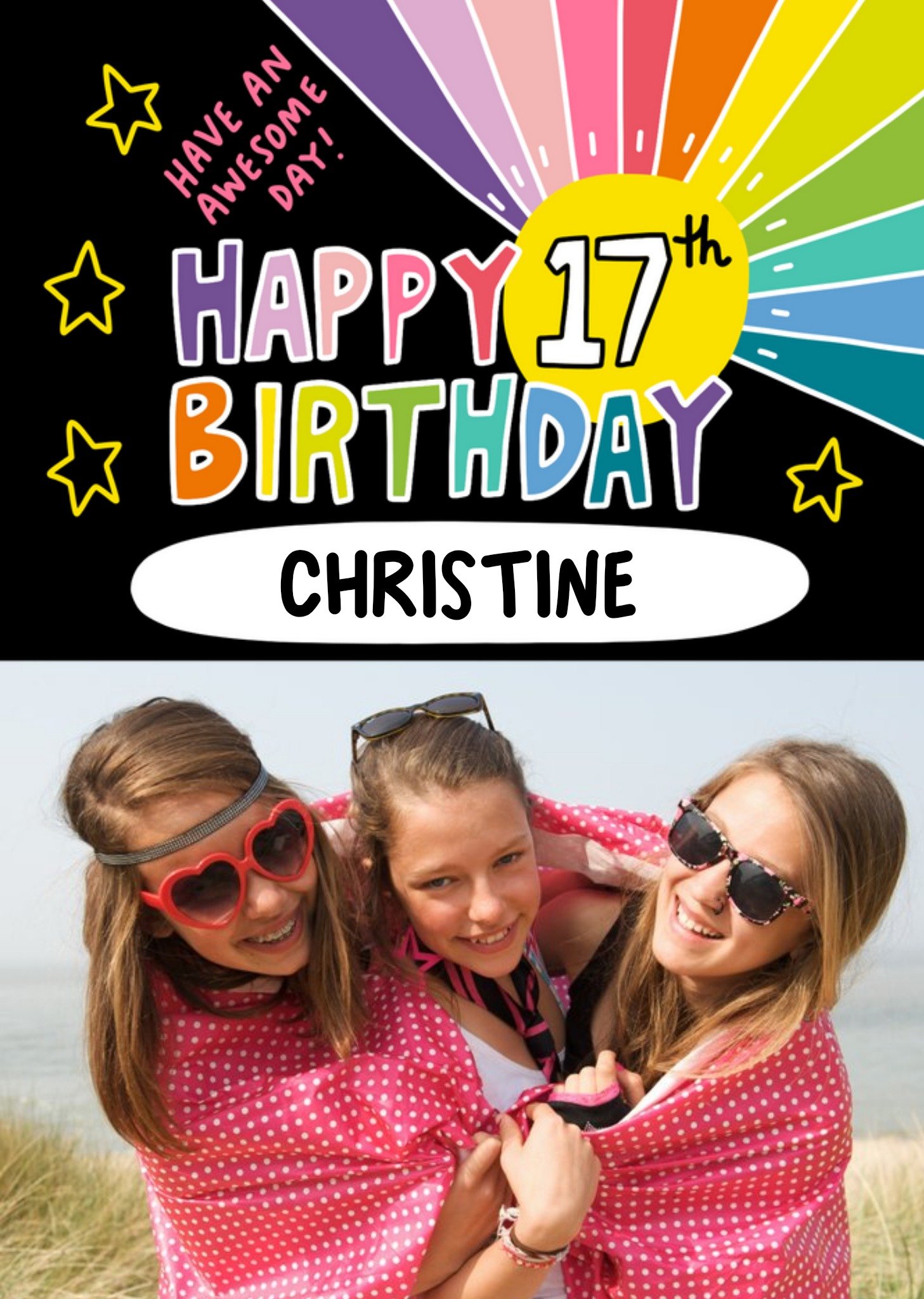 Moonpig Vibrant Typography And A Colourful Rainbow Seventeenth Birthday Photo Upload Card Ecard