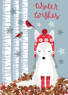 Cute Arctic Fox Woodland Scene Winter Wishes Christmas Card