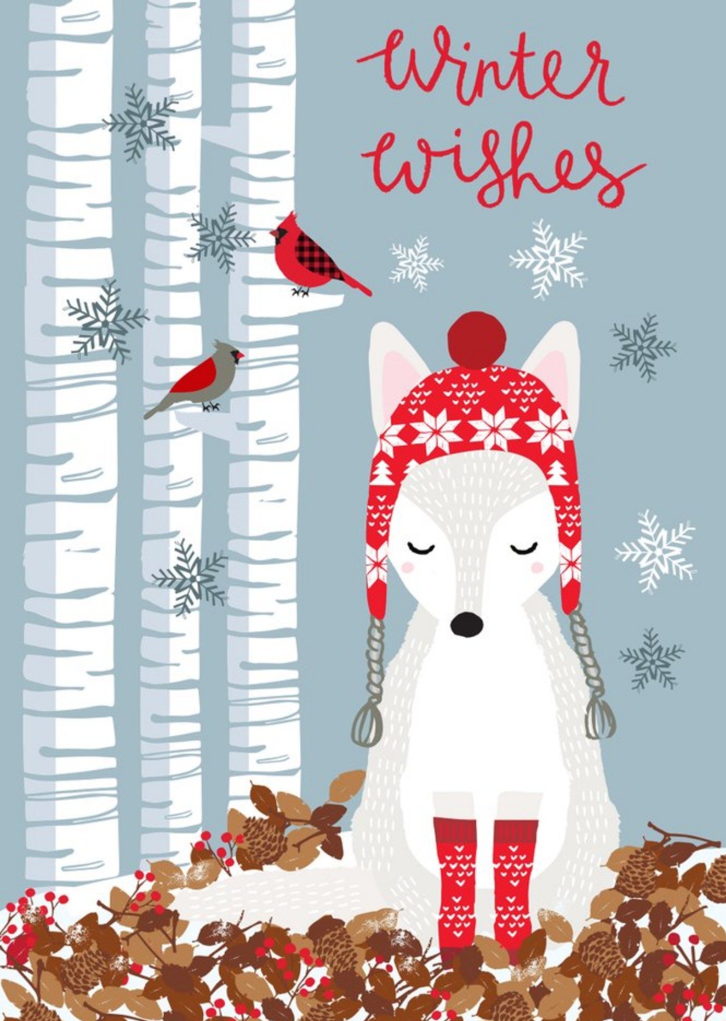 Moonpig Cute Arctic Fox Woodland Scene Winter Wishes Christmas Card, Large