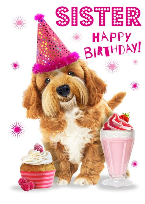 Cute Dog With Cupcake Sister Birthday Card