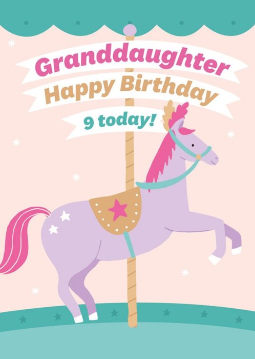 Illustrated Cute Horse Carousel Granddaughter Happy Birthday 9 Today Card