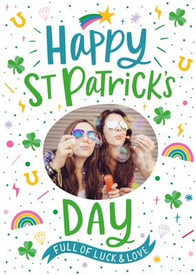 Illustration Of Shamrocks Horseshoes And Rainbows Saint Patrick's Day Photo Upload Card