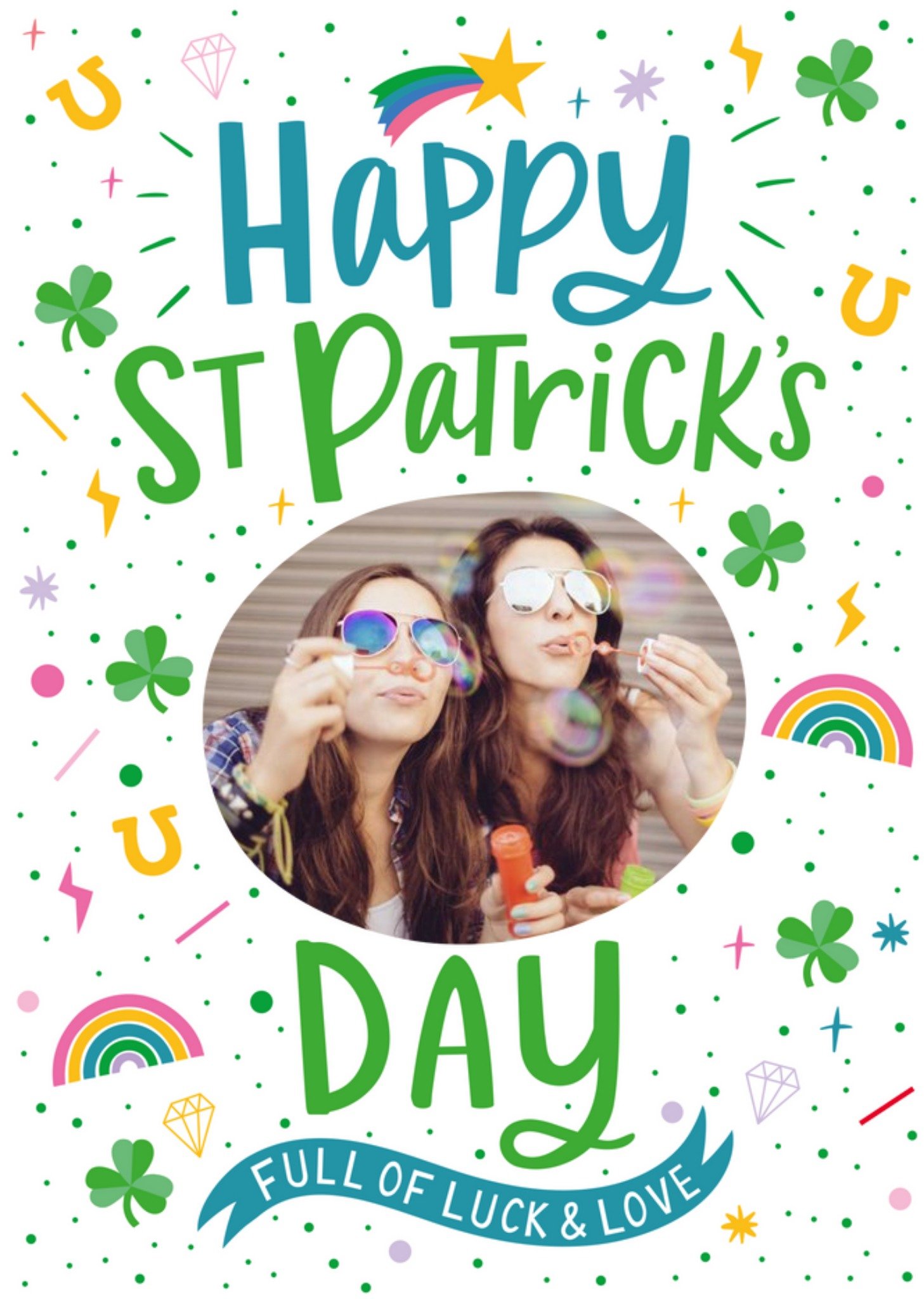 Moonpig Illustration Of Shamrocks Horseshoes And Rainbows Saint Patrick's Day Photo Upload Card Ecar