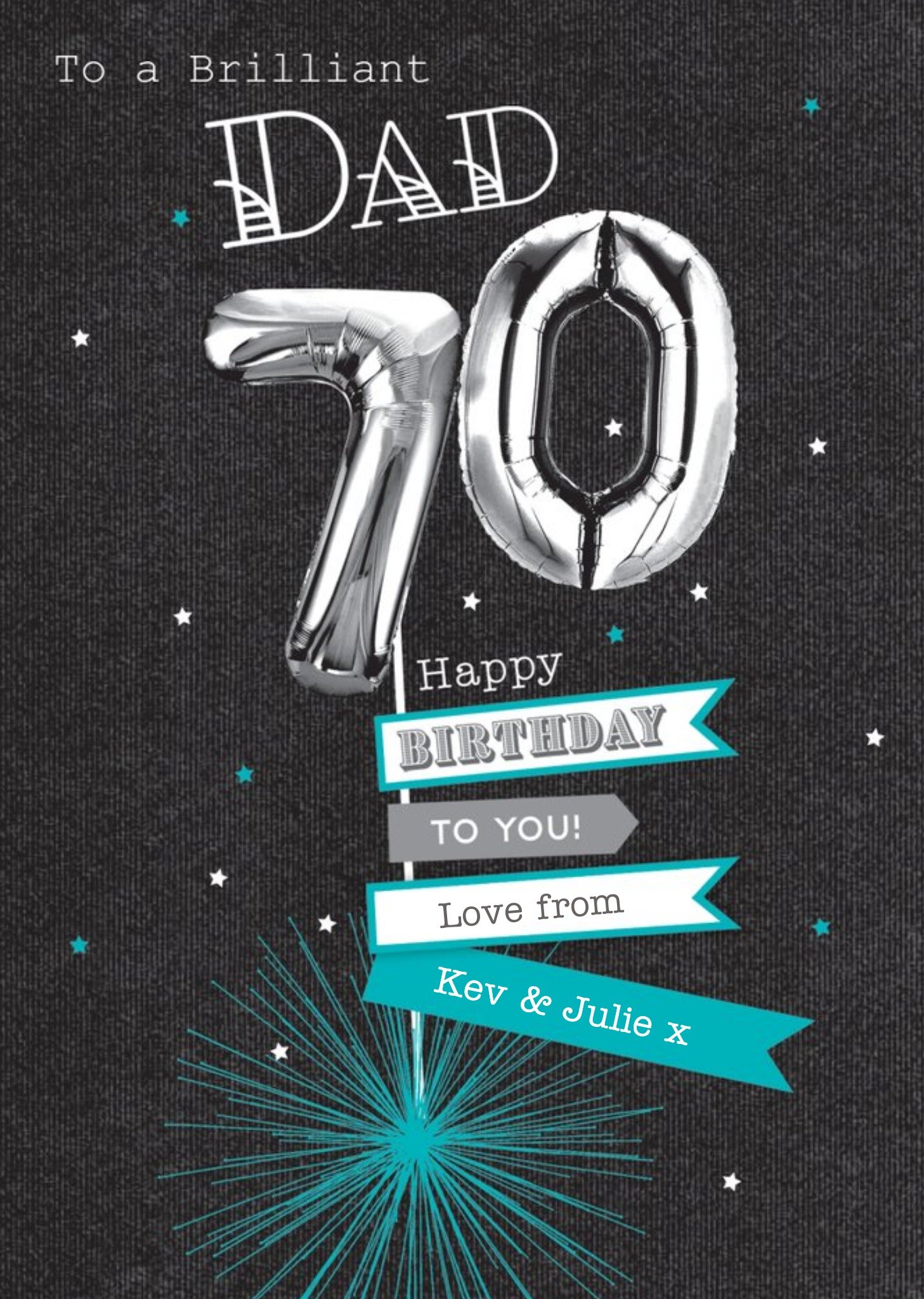 Silver Number Seventy Balloon With Banners Surrounded By Stars Dad's Seventieth Birthday Card Ecard