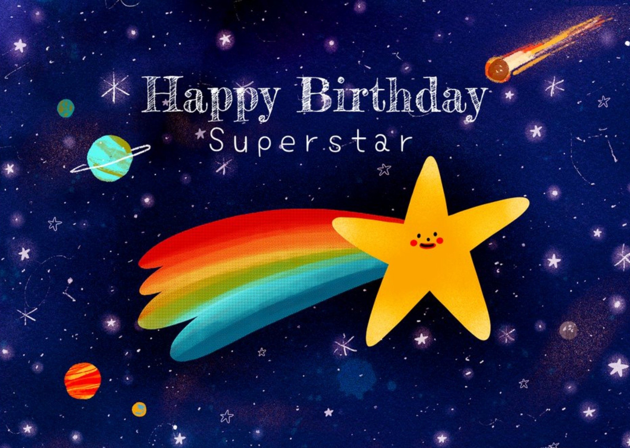 Illustrated Rainbow Star Space Birthday Card Ecard