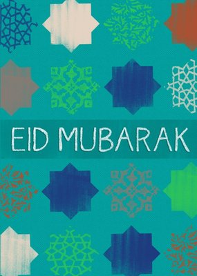 Green And Blue Printed Star Personalised Eid Mubarak Card