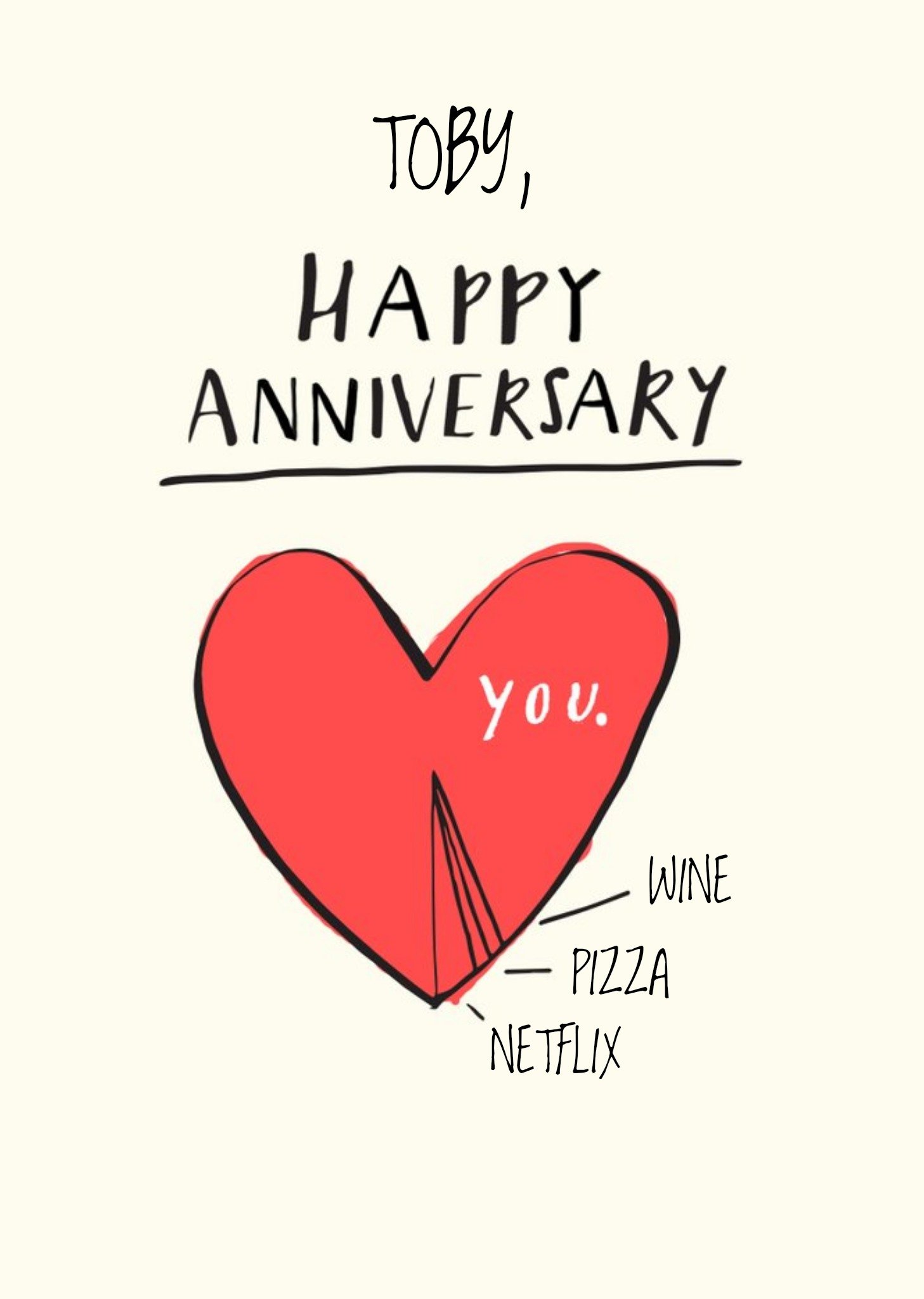 Anniversary Card - Love Heart - Wine - Pizza - Netflix Postcard