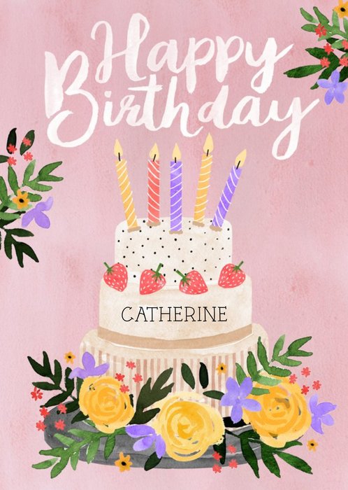 Traditional Illustrated Floral Birthday Cake Card