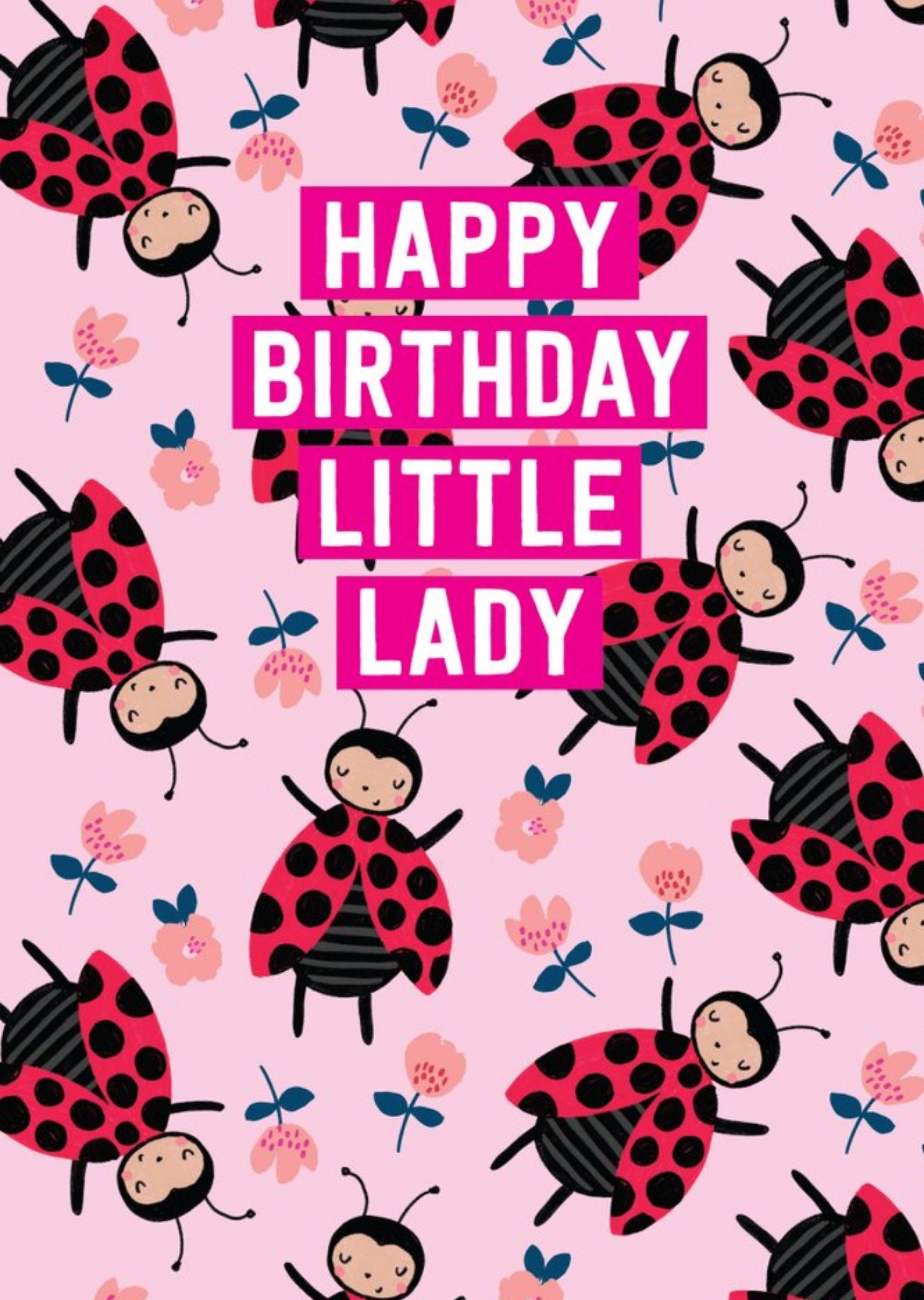 Cute Happy Birthday Little Lady Bird Flowers Card Ecard