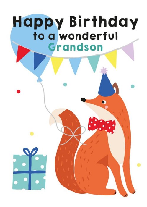 Illustrated Cute Party Hat Bowtie Foxt Happy Birthday To A Wonderful Grandson